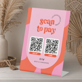 Scan To Pay 2 QR Codes Groovy Retro Red & Pink Pedestal Sign