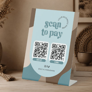 Scan To Pay 2 QR Codes Groovy Retro Teal & Beige Pedestal Sign