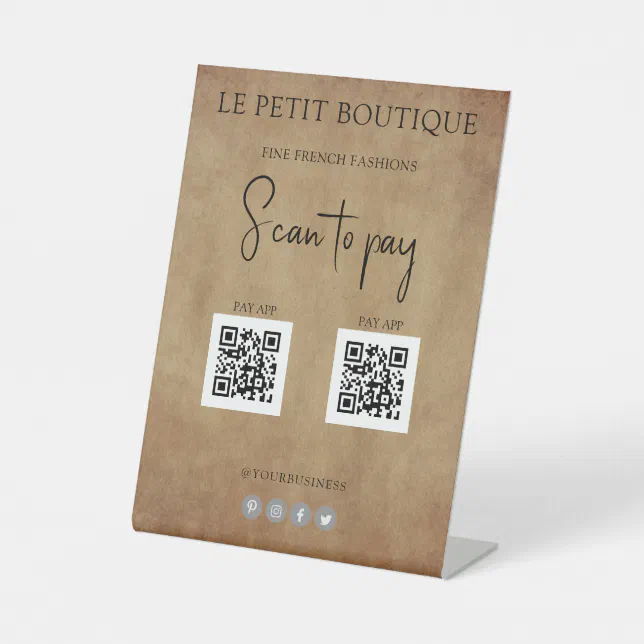 Paper Signs Code Scan to Pay 2 QR Codes Vintage Paper Pedestal Sign | Zazzle