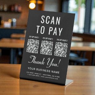 Scan to Pay 3 QR Codes Black Tabletop Pedestal Sign