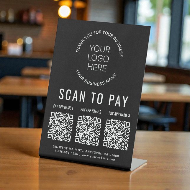 Scan to Pay 3 QR Codes Business Logo Black Pedestal Sign (Scan to Pay 3 QR Codes Business Logo Black Pedestal Sign)