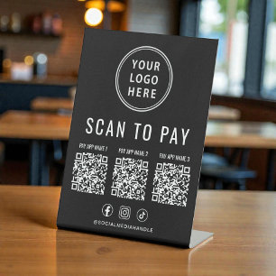 Scan to Pay 3 QR Codes Business Logo Social Media Pedestal Sign