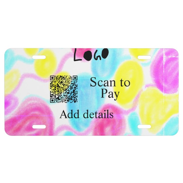 Scan to pay add Q R business logo rainbow watercol License Plate (Front)