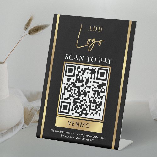 Scan to Pay Black  Gold Business Logo QR Code Pedestal Sign