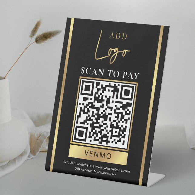 Scan to Pay Black & Gold Business Logo QR Code Pedestal Sign (Black & Gold Logo QR code business payment sign, great for venmo, paypal or any other payment method)