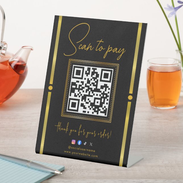 Scan to Pay Black & Gold Logo Payment QR Codes Pedestal Sign (In SItu)