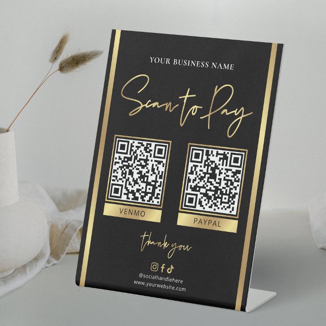 Scan to Pay Black & Gold Logo Payment QR Codes Pedestal Sign (Black and gold scan to pay QR codes signage for business)