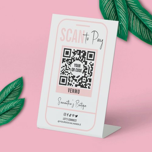 Scan To Pay Blush Pink Modern Logo QR Code Pedestal Sign