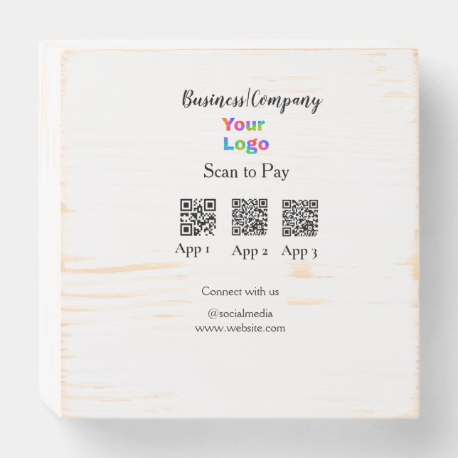 Scan to pay business logo Q R code social media  Wooden Box Sign (Front Horizontal)