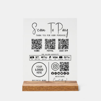Scan To Pay Business Qr Code Payment Modern Black Acrylic Sign