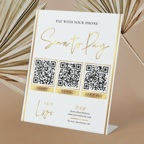 Scan to Pay Gold Business Logo Payment 3 QR Codes Pedestal Sign