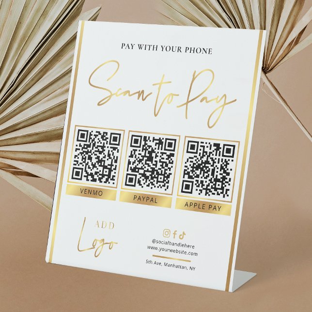 Scan to Pay Gold Business Logo Payment 3 QR Codes Pedestal Sign (White and gold pay with phone sign with space for 3 QR codes and your logo)