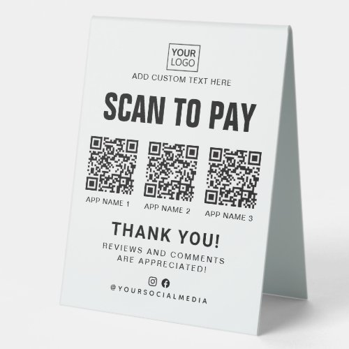 Scan to pay logo 3 QR codes white or custom color  Table Tent Sign