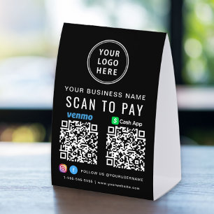 Scan to Pay Logo CashApp Venmo QR Codes Black Paper Table Tent