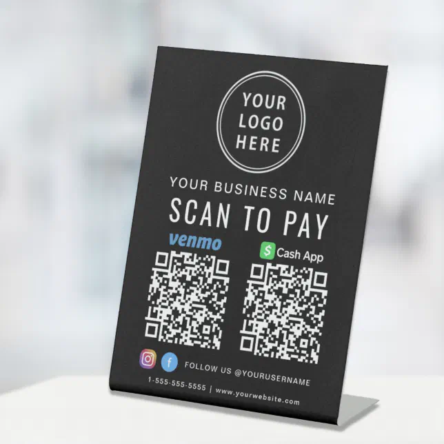 Scan to Pay Logo CashApp Venmo QR Codes Black Pedestal Sign | Zazzle