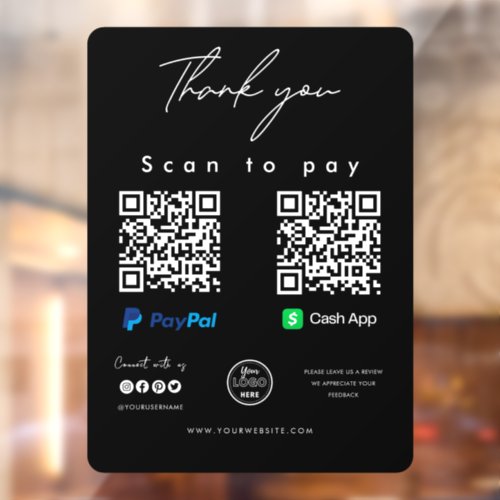 Scan to Pay Logo Paypal Cash App QR Code Thank you Window Cling