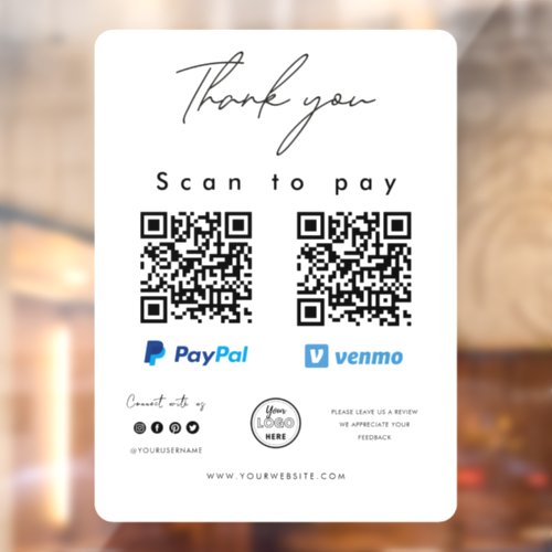 Scan to Pay Logo Paypal Venmo QR Code Thank you Window Cling
