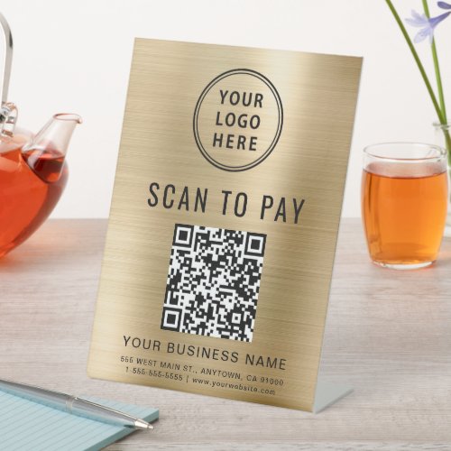 Scan to Pay QR Code and Logo Business Gold Pedestal Sign