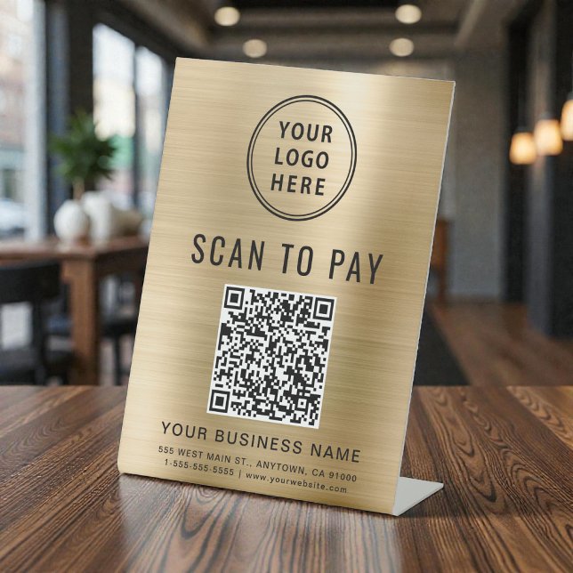 Scan to Pay QR Code Business Logo Gold Pedestal Sign (Scan to Pay QR Code Business Logo Gold Pedestal Sign)