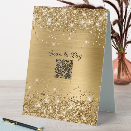 Scan to Pay QR Code Glittery Gold Glam Table Tent Sign