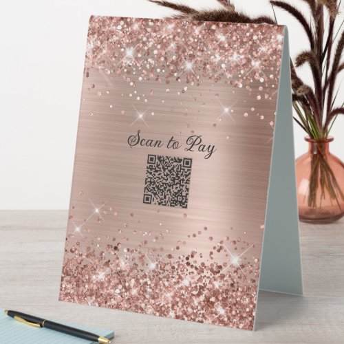 Scan to Pay QR Code Glittery Rose Gold Glam Table Tent Sign