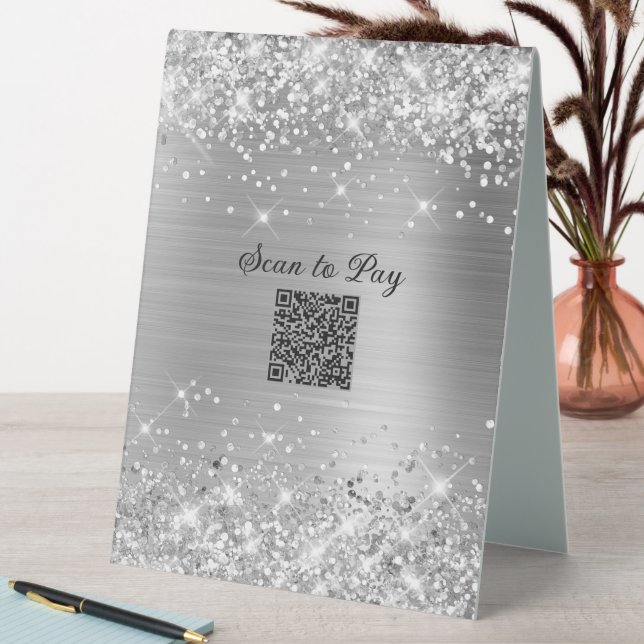 Scan to Pay QR Code Glittery Silver Glam Table Tent (In SItu (Table))