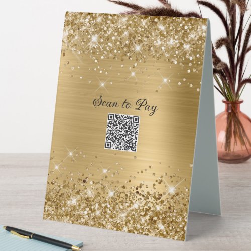 Scan to Pay QR Code Image Glittery Gold Glam Table Tent Sign