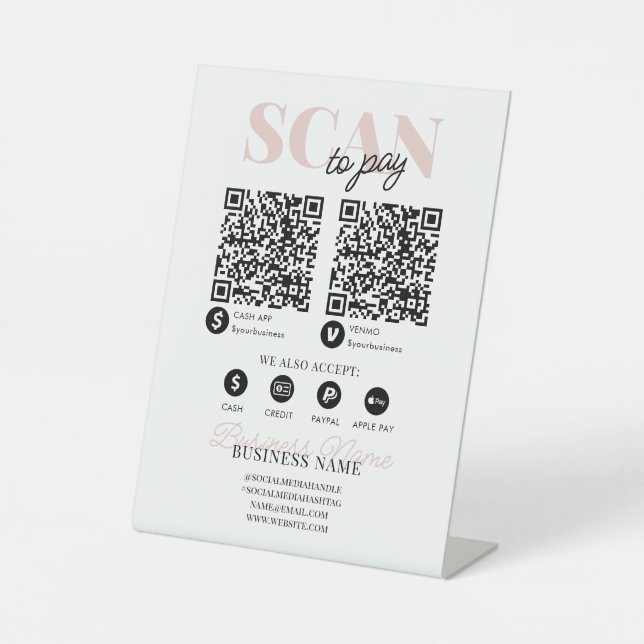 Scan to Pay QR Code Modern Pink Script Business Pedestal Sign (Front)