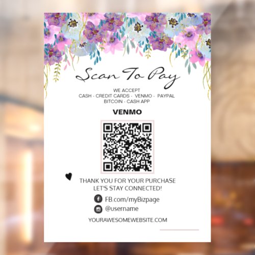  Scan to PAY QR code Payment FLORAL  Window Cli Window Cling
