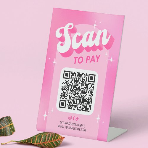Scan to Pay QR Code Trendy Girly Retro Pink Shop Pedestal Sign