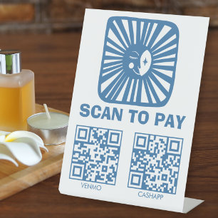 SCAN TO PAY QR Glowing Moon Cute Charming Blue Pedestal Sign