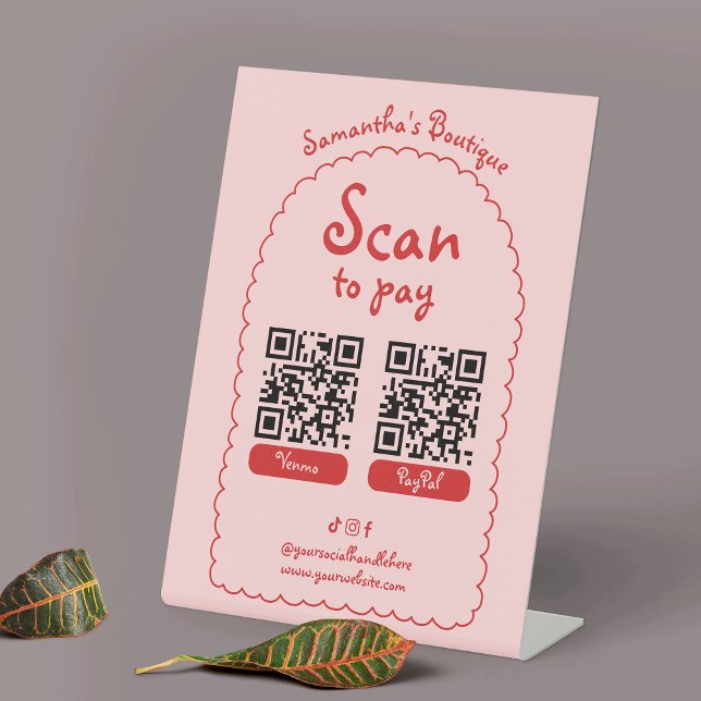 Scan To Pay Retro Pink Red Girly 2 QR Code Payment Pedestal Sign (Creator Uploaded)