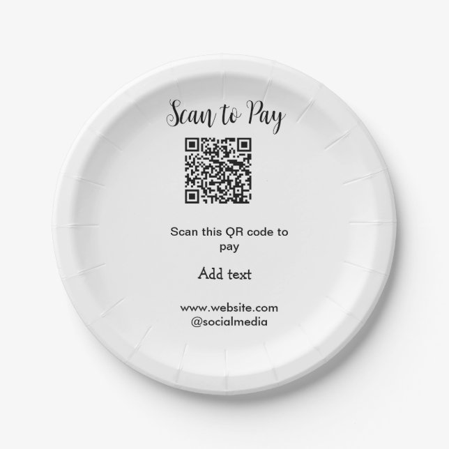 Scan to pay scan QR code add website email details Paper Plates (Front)