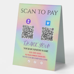 Scan To Pay Zelle Venmo QR code  Table Tent