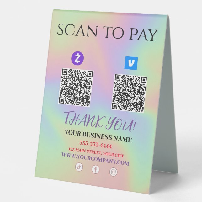 Scan To Pay Zelle Venmo QR code  Table Tent (Front)