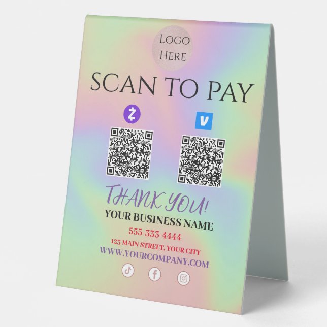 Scan To Pay Zelle Venmo QR code  Table Tent (Front)
