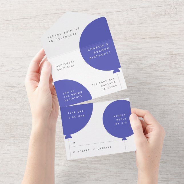 Scandi Birthday | Blue Balloon Baby Boy Party RSVP All In One Invitation (Tearaway)
