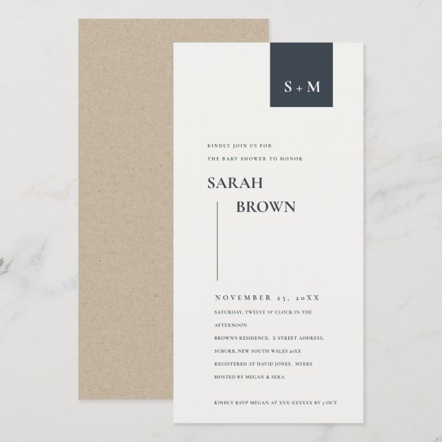 SCANDI BLACK & WHITE MONOGRAM BABY SHOWER INVITE (Front/Back)