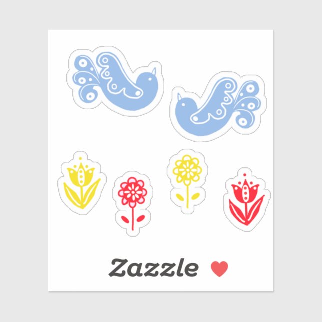 Scandi Blue Bird Red Yellow Flowers Sticker (Sheet)