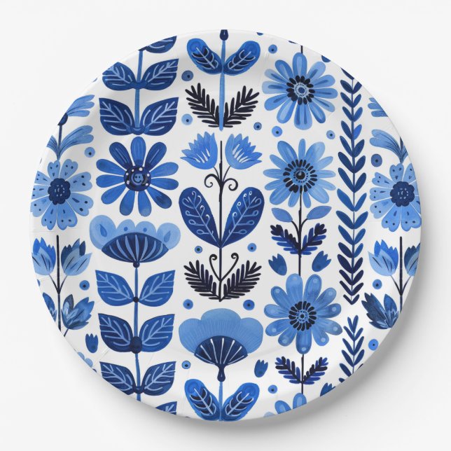 Scandi blue floral paper plates (Front)