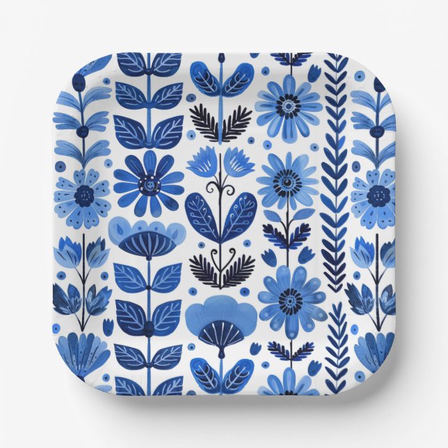 Scandi blue floral paper plates (Front)