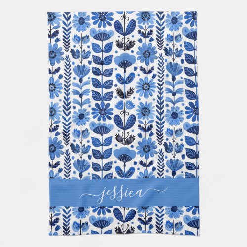 Scandi blue floral script name kitchen towel