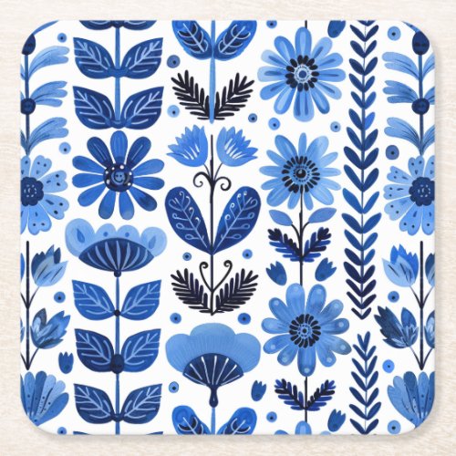 Scandi blue floral square paper coaster