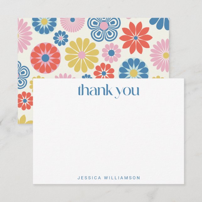 Scandi Boho Flower Blue Custom Bridal Shower Thank You Card (Front/Back)