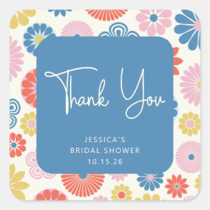 Scandi Boho Folk Flower Blue Shower Thank You Square Sticker