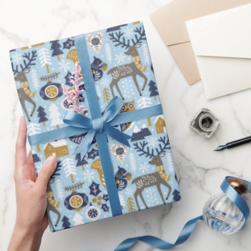 Scandi Christmas Cute Woodland Animals Blue Wrapping Paper