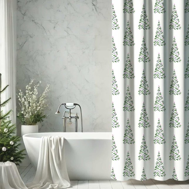 Scandi Christmas Decor Shower Curtain (Scandi Christmas shower curtain decor features holiday tree art Victoria Grigaliunas DoTellABelle)