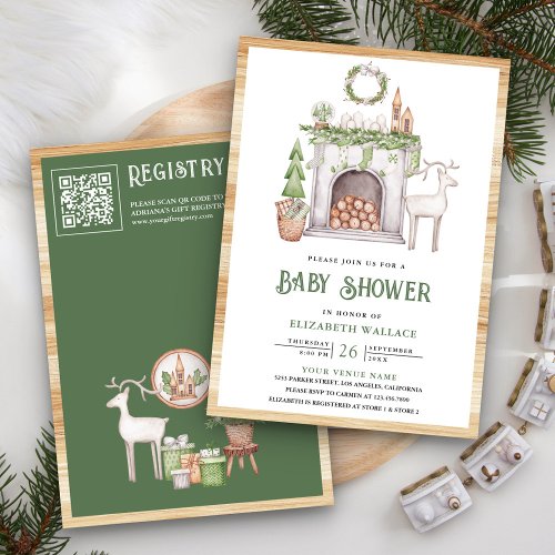 Scandi Christmas Fireplace QR Code Baby Shower Invitation