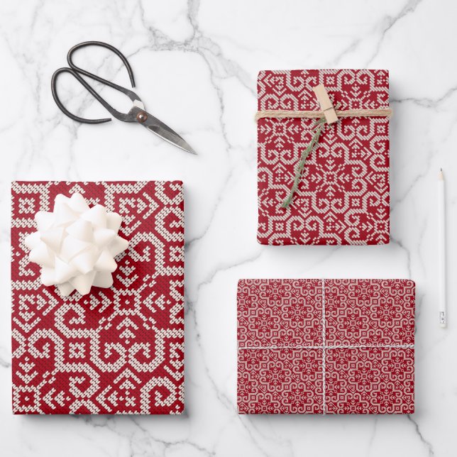 Scandi Christmas Knit Sweater Red Wrapping Paper Sheets (Front)