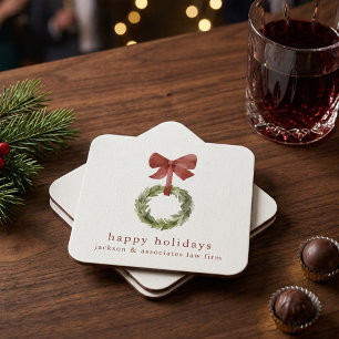 Scandi Christmas Wreath Red Bow Square Paper Coaster